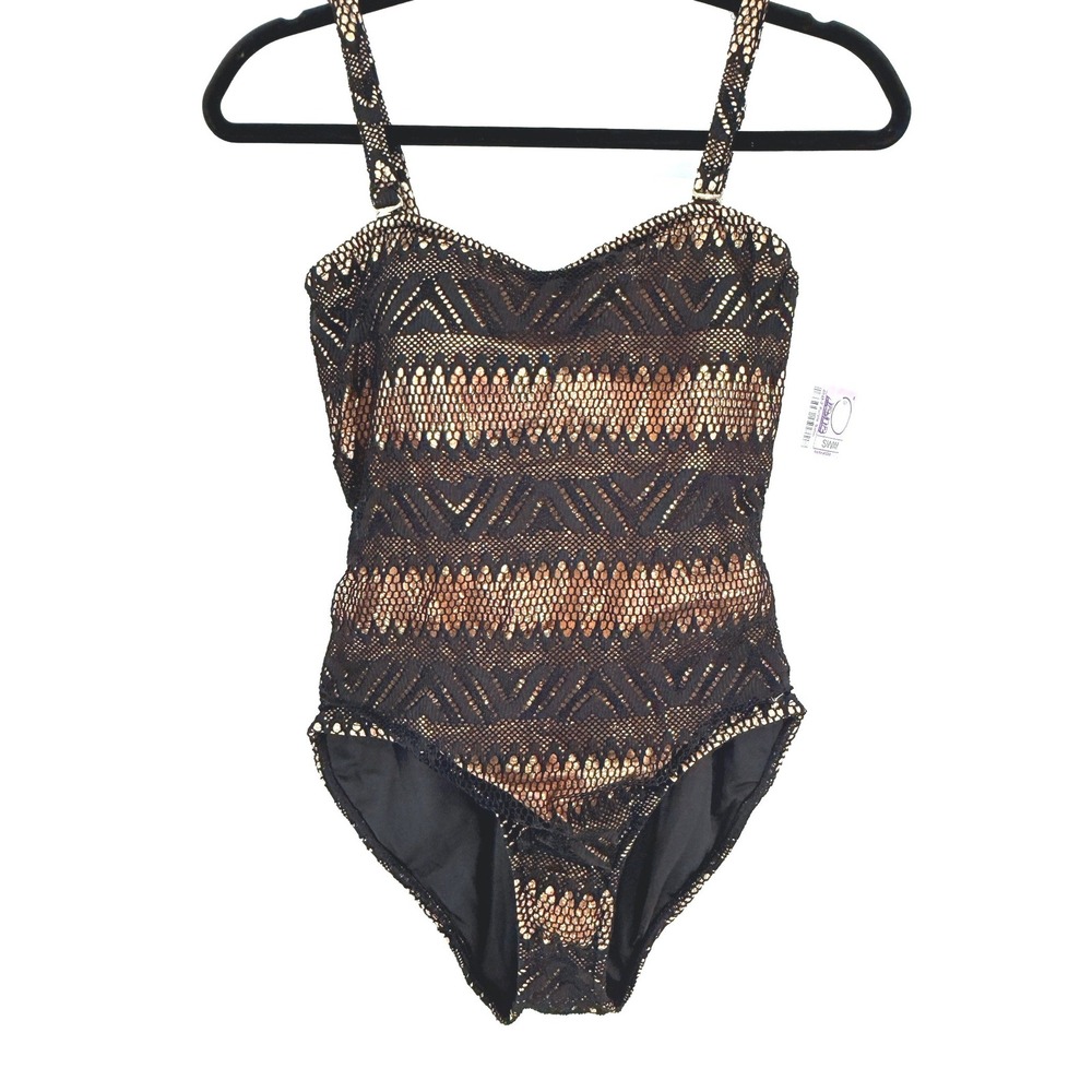 Cosita‎ Linda Black Gold Metallic Lace Up Overlay One Piece Swimsuit Resort Sz M